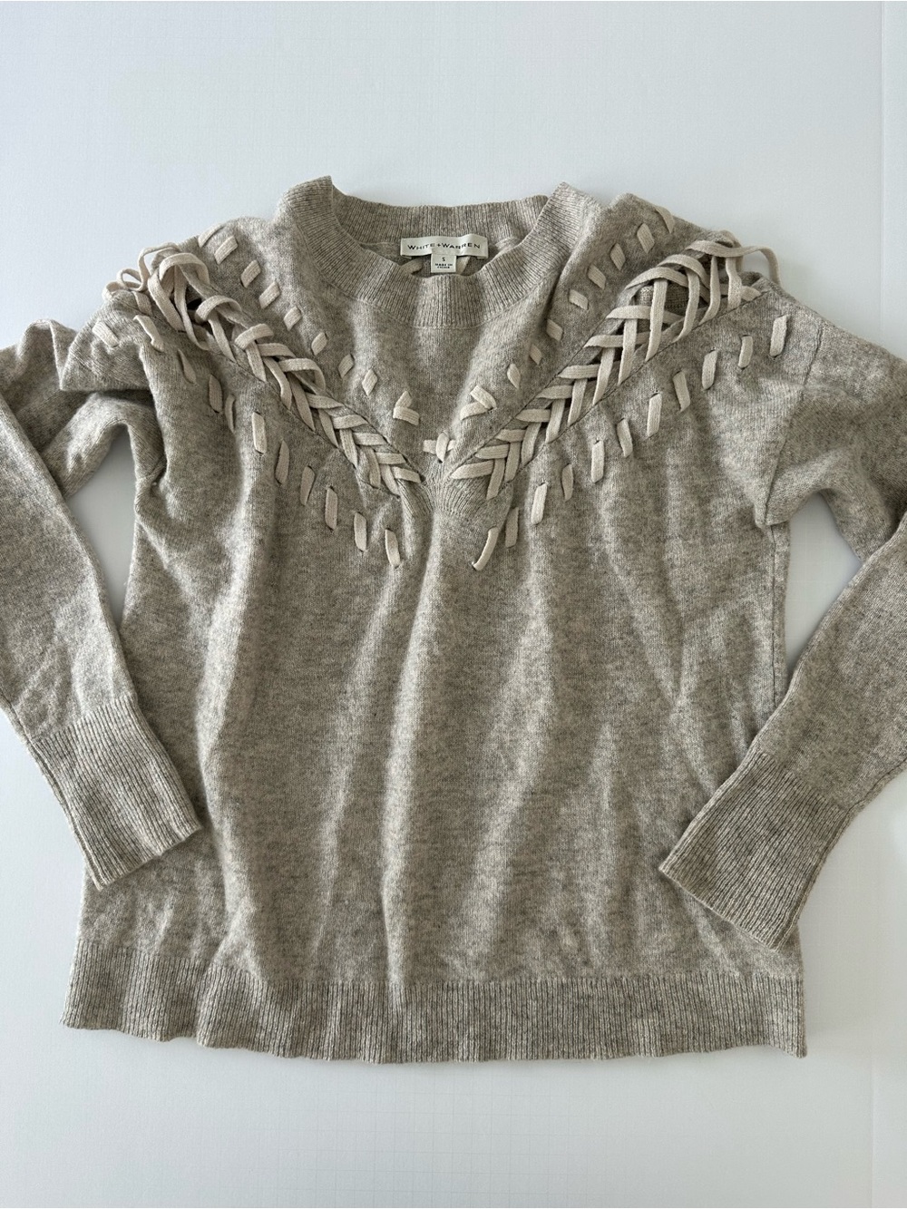 White + Warren Cashmere Grey Heather Sweater Braided Whipstitch Detailing Size S